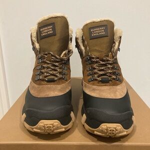 Burberry Shearling Lined Hiking Boots Brown Suede Check Panel Luxury w/ Box